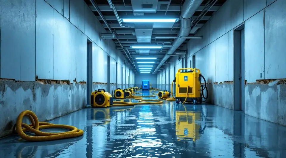 Windward Restoration technicians setting up commercial air movers and dehumidifiers in a flooded Greeley office building.