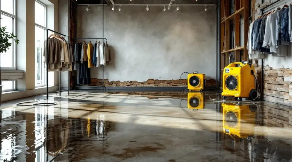 Commercial restoration crew using professional water extraction equipment on a flooded retail showroom floor in Greeley.