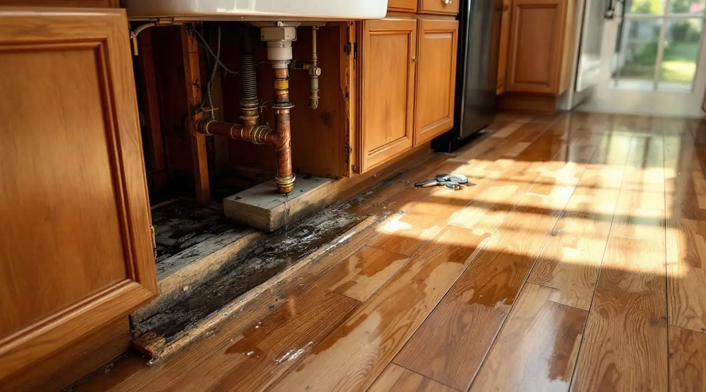 Windward Restoration technician using a moisture meter behind kitchen cabinets in a water-damaged Greeley home.