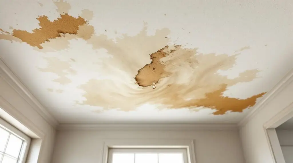 A professional technician inspecting a water-stained drywall ceiling in a Greeley home using a thermal imaging camera.