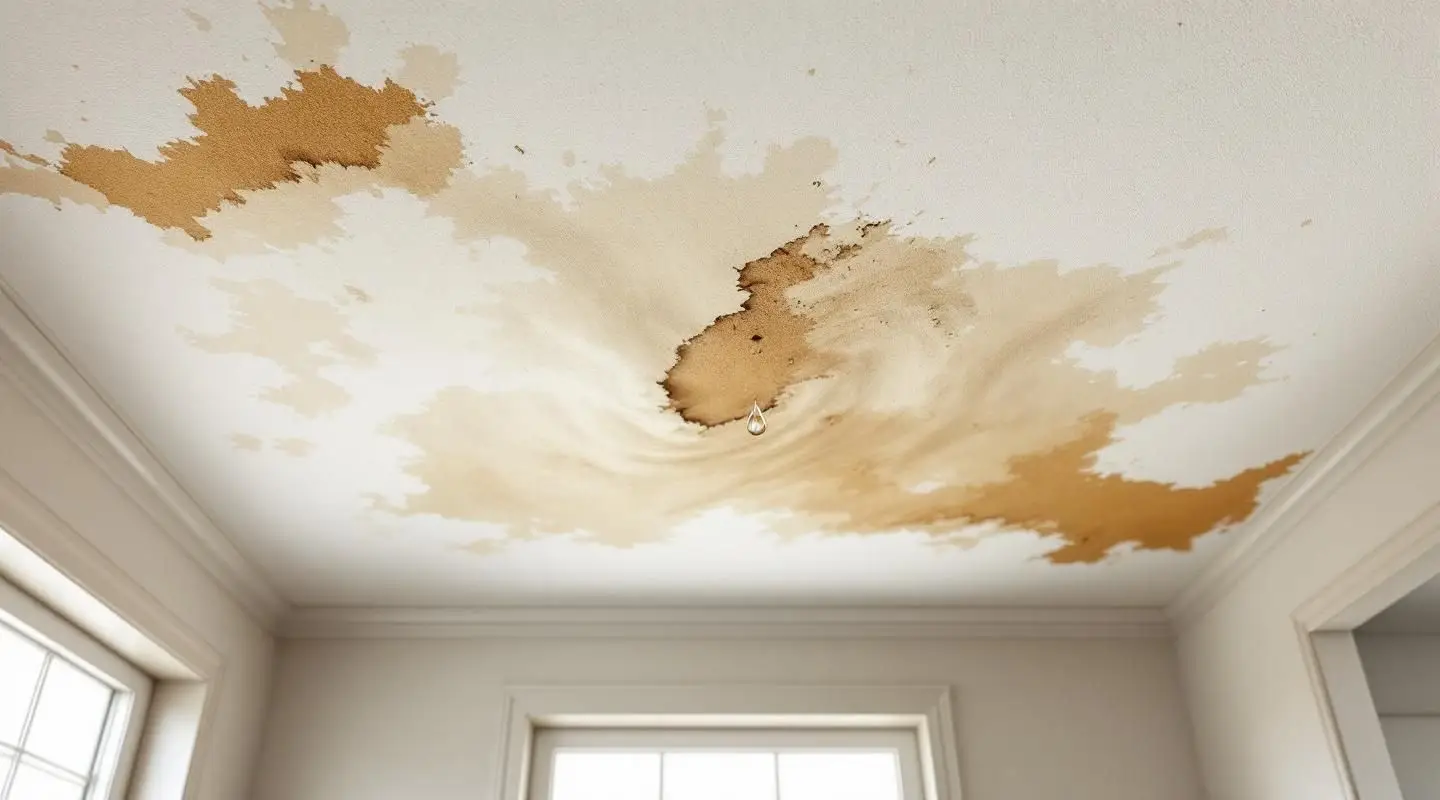 A professional technician inspecting a water-stained drywall ceiling in a Greeley home using a thermal imaging camera.