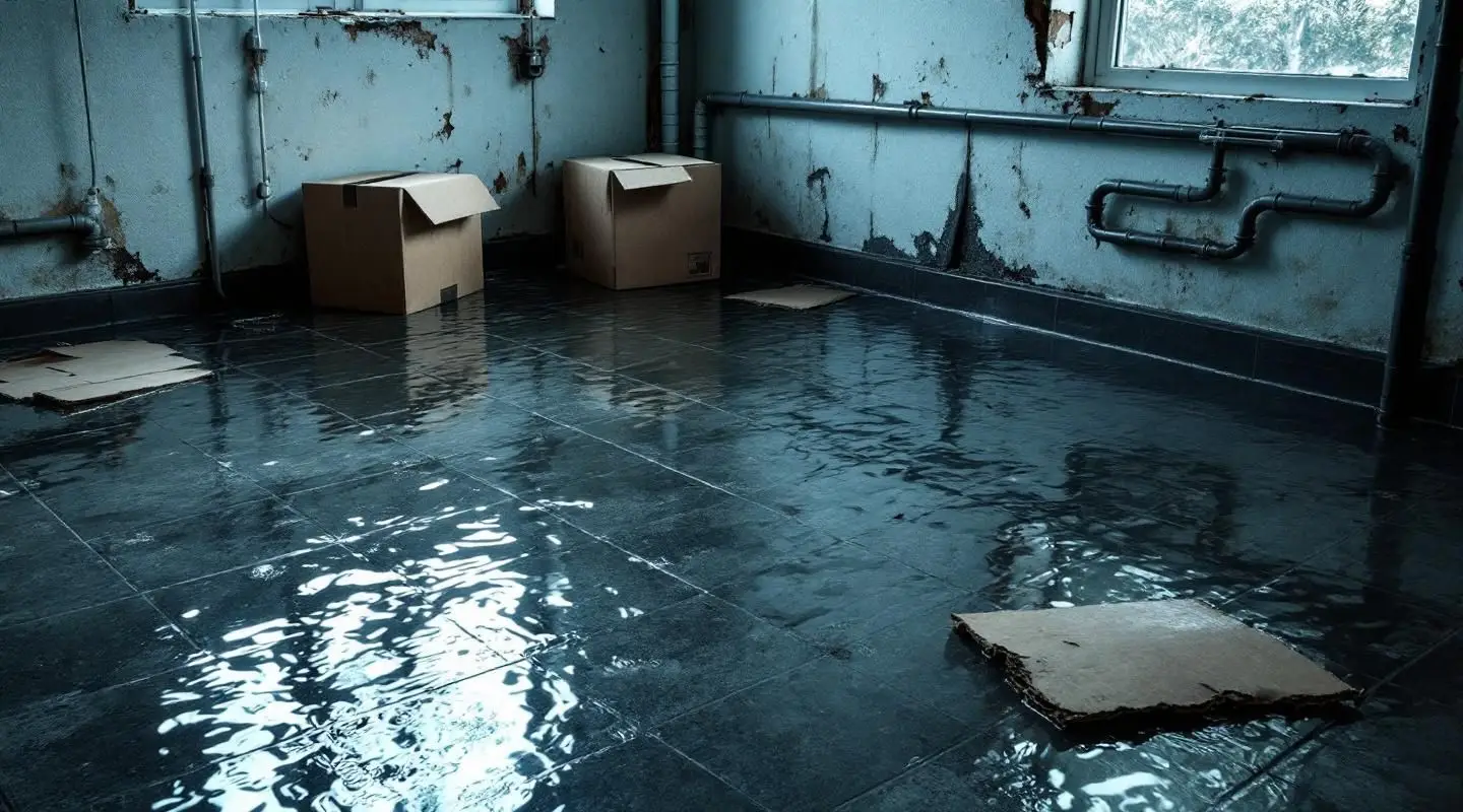 Professional water damage technician extracting standing water from a flooded Greeley basement using commercial equipment.