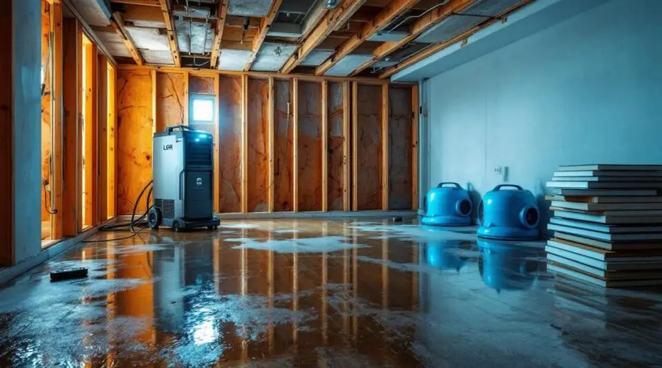 Windward Restoration technician setting up a commercial air mover during residential flood restoration in Greeley, Colorado.