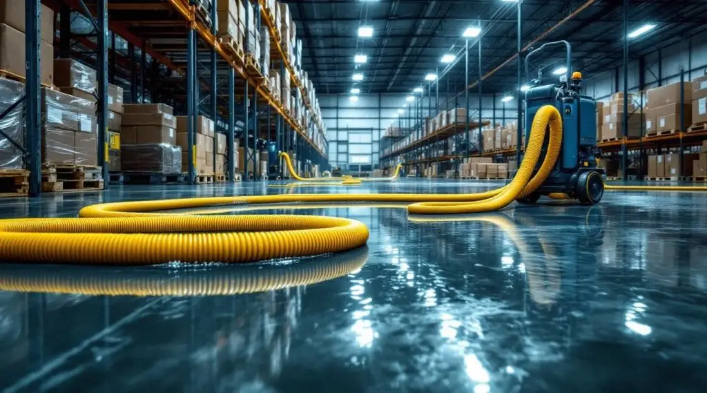 Windward Restoration technicians using heavy-duty water extraction equipment on a flooded warehouse floor in Greeley.