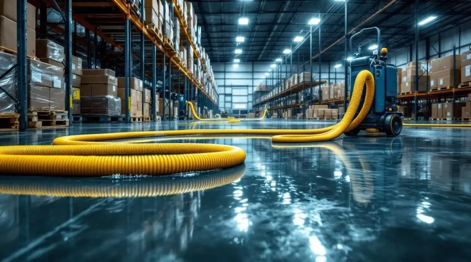 Windward Restoration technicians using heavy-duty water extraction equipment on a flooded warehouse floor in Greeley.