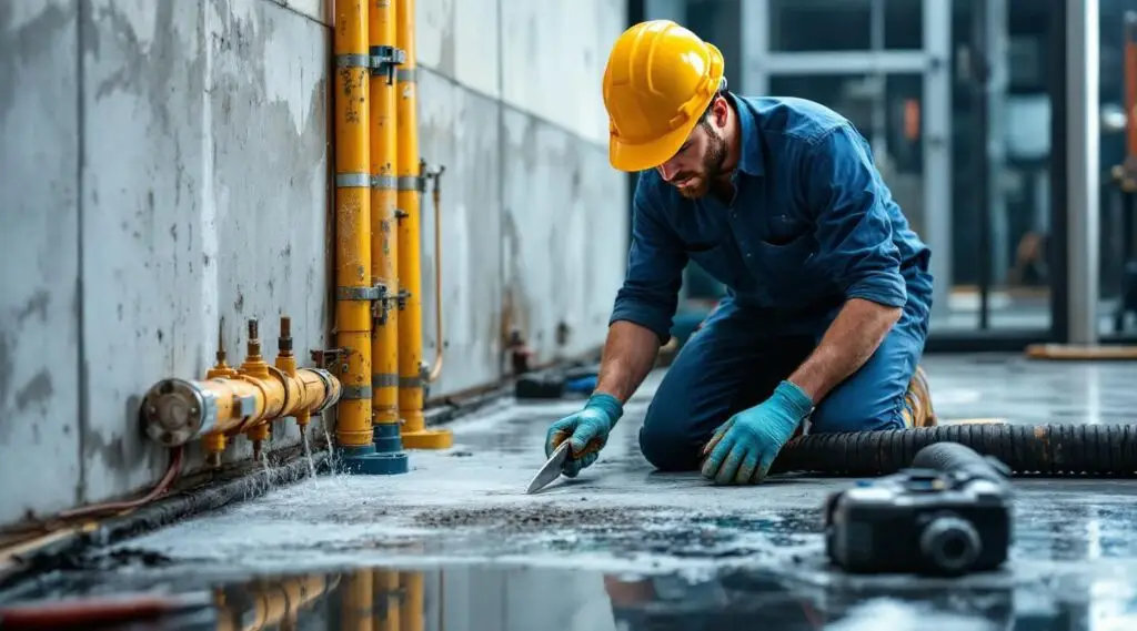 Windward Restoration technicians extracting water from a flooded hotel lobby in Greeley using commercial drying equipment