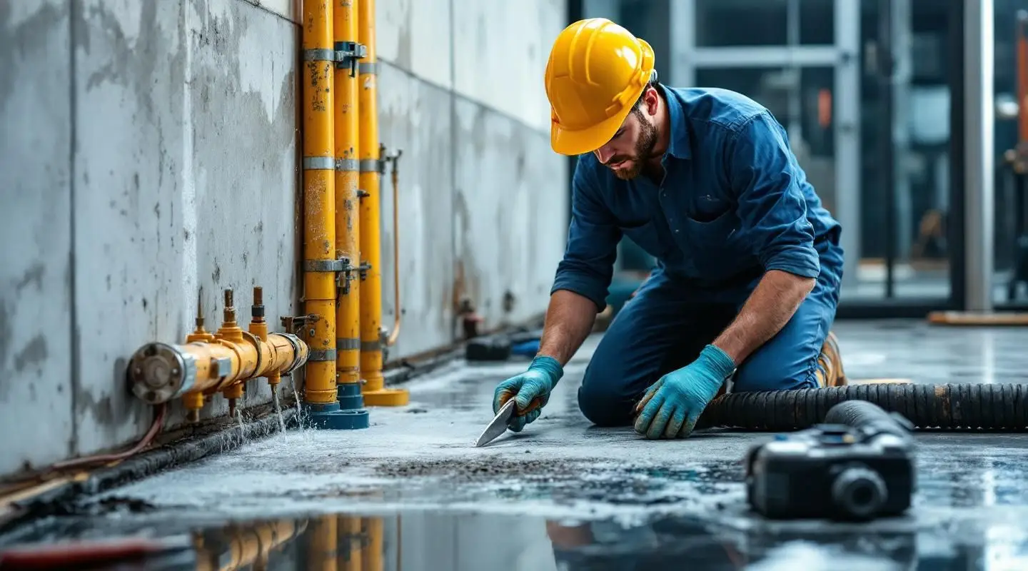 Windward Restoration technicians extracting water from a flooded hotel lobby in Greeley using commercial drying equipment
