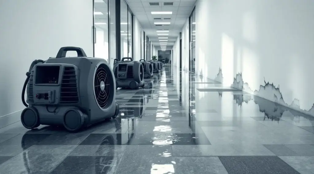 Commercial water extraction equipment and air movers drying out a flooded office building hallway in Greeley.