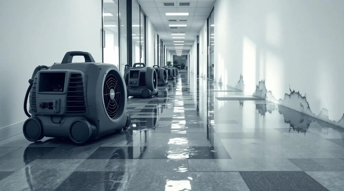 Commercial water extraction equipment and air movers drying out a flooded office building hallway in Greeley.