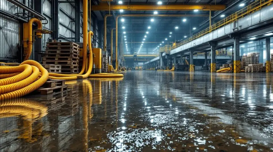 Commercial restoration technicians using high-volume water extraction equipment in a flooded industrial warehouse facility