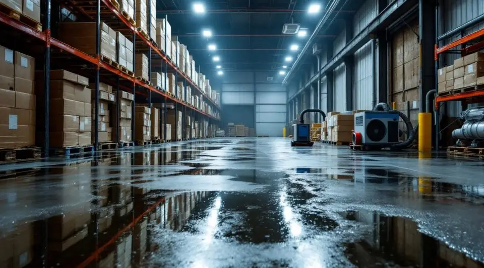 Industrial water extraction equipment and air movers drying a flooded commercial warehouse floor in Greeley under dim emergency lights.