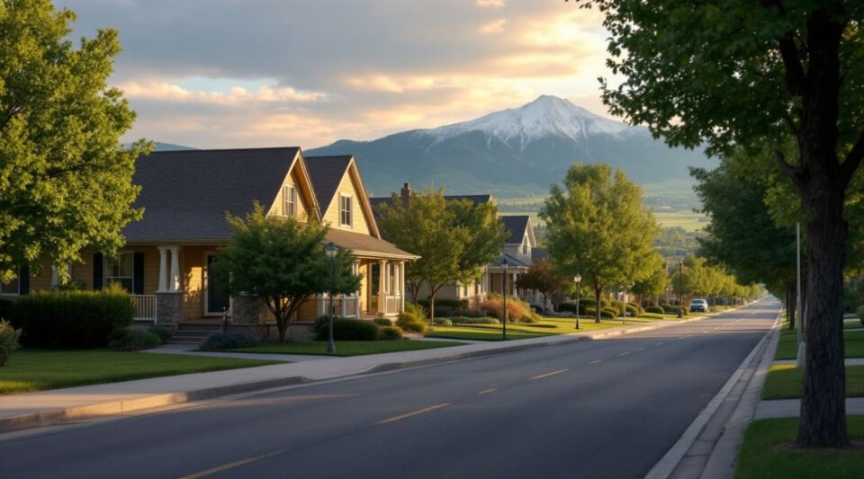 A service vehicle parked along a residential street in Milliken, Colorado, near modern slab-on-grade homes under a clear Front Range sky.
