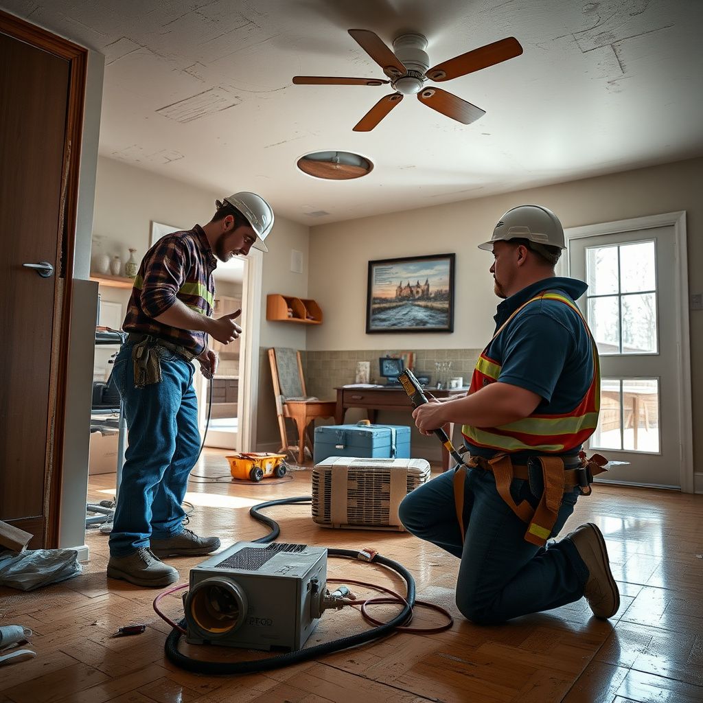 An IICRC-certified technician using a moisture meter to check a drywall surface in an Evans property.