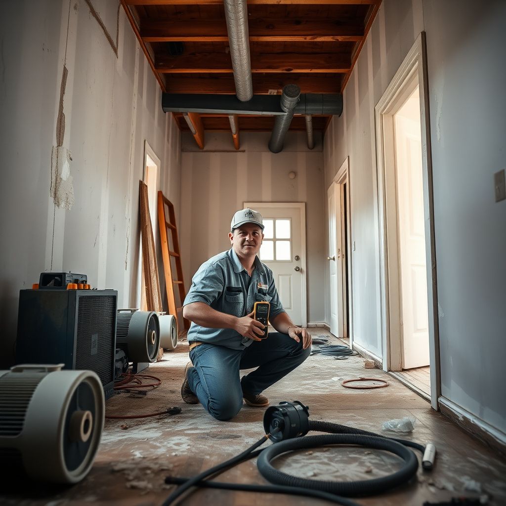 An IICRC-certified technician setting up rapid evaporative drying equipment in a Greeley basement.