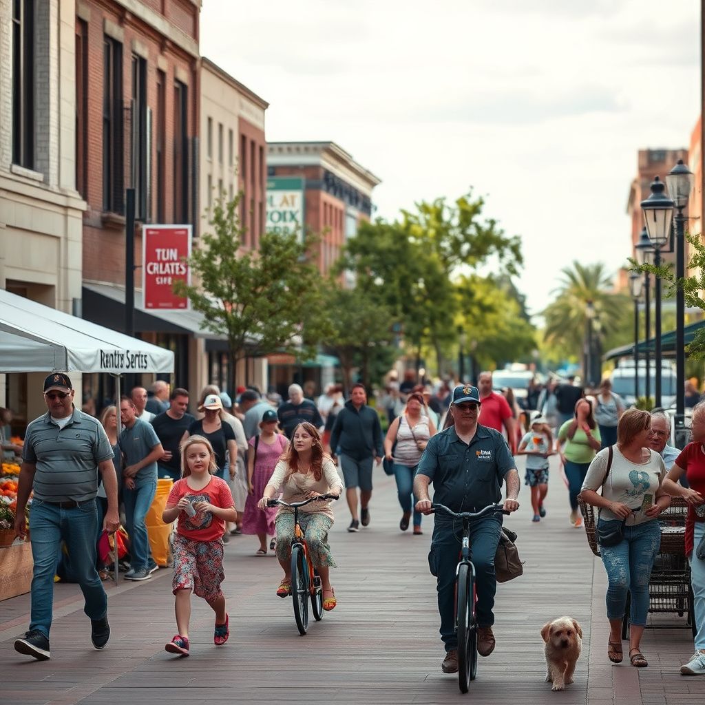 A scenic view of historic downtown Greeley, Colorado, showcasing the classic brick architecture and wide streets under a clear blue sky.