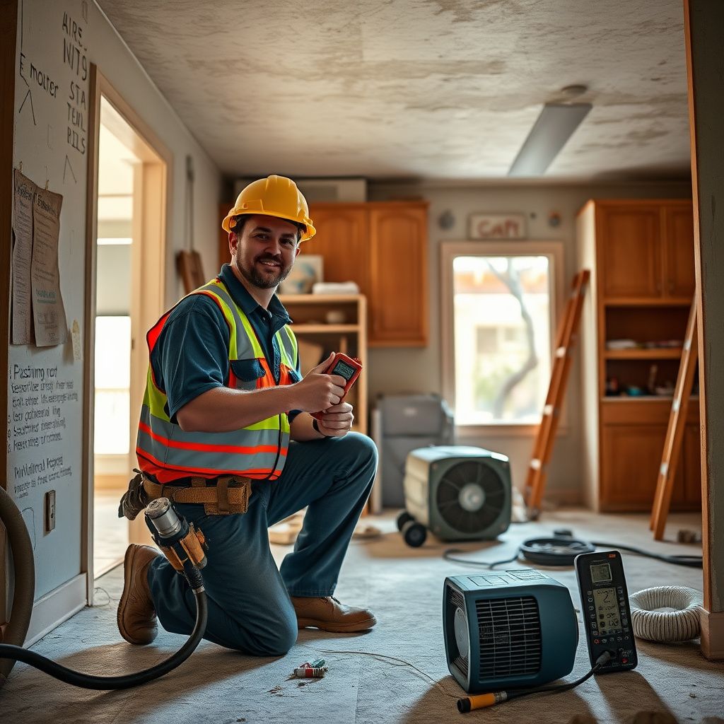 An IICRC certified technician setting up a high-capacity dehumidifier in a Milliken home.