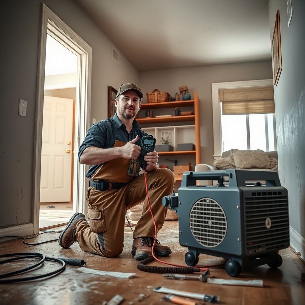 A technician using a thermal imaging camera to detect hidden moisture behind a drywall cavity in a Kersey home.