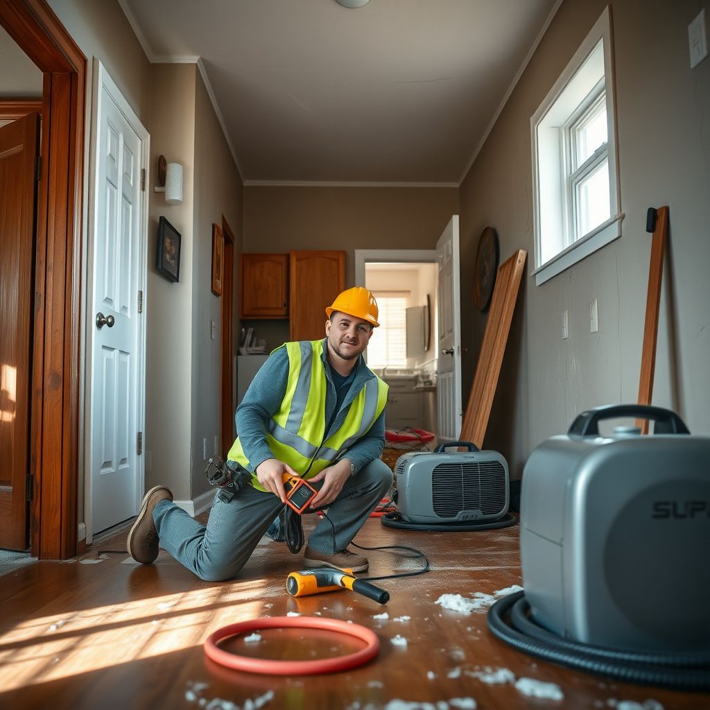 An IICRC-certified technician from Windward Restoration setting up an industrial air mover in a Windsor home to accelerate structural drying.